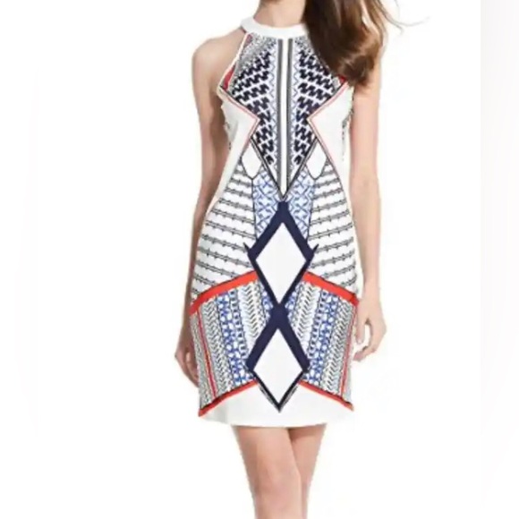 VENUS Dresses & Skirts - New Venus Sleeveless Halter Neck Mini Dress Geometric Pattern Sheath Dress cream